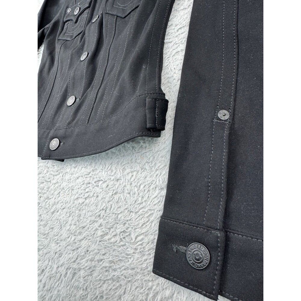 True Religion Womens Black stretch Denim Jacket Size S-M 90s Y2k Gothic Western - Picture 9 of 12